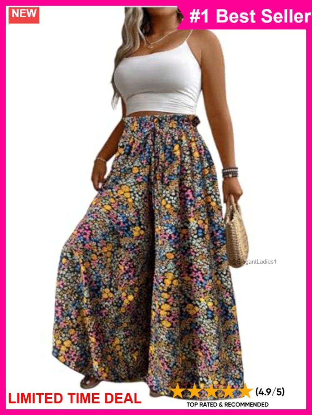 Women's Floral Print Wide Leg Palazzo Pants Drawstring High Waisted Casual